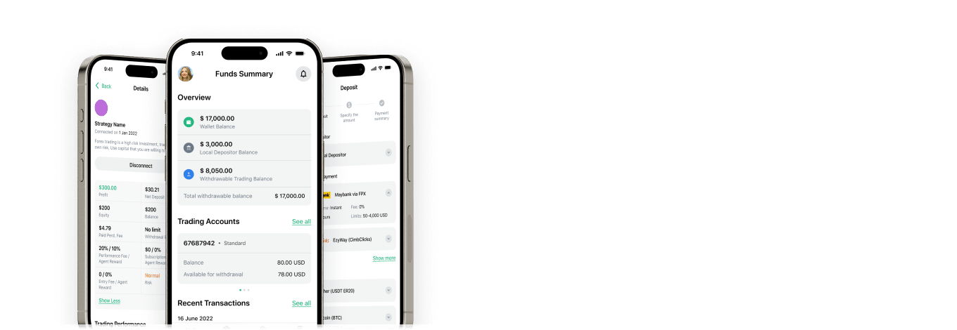 Tampilan aplikasi untuk informasi deposit, withdrawal, balance, dan equity yang tunduk pada ketentuan dan risiko terbaru.